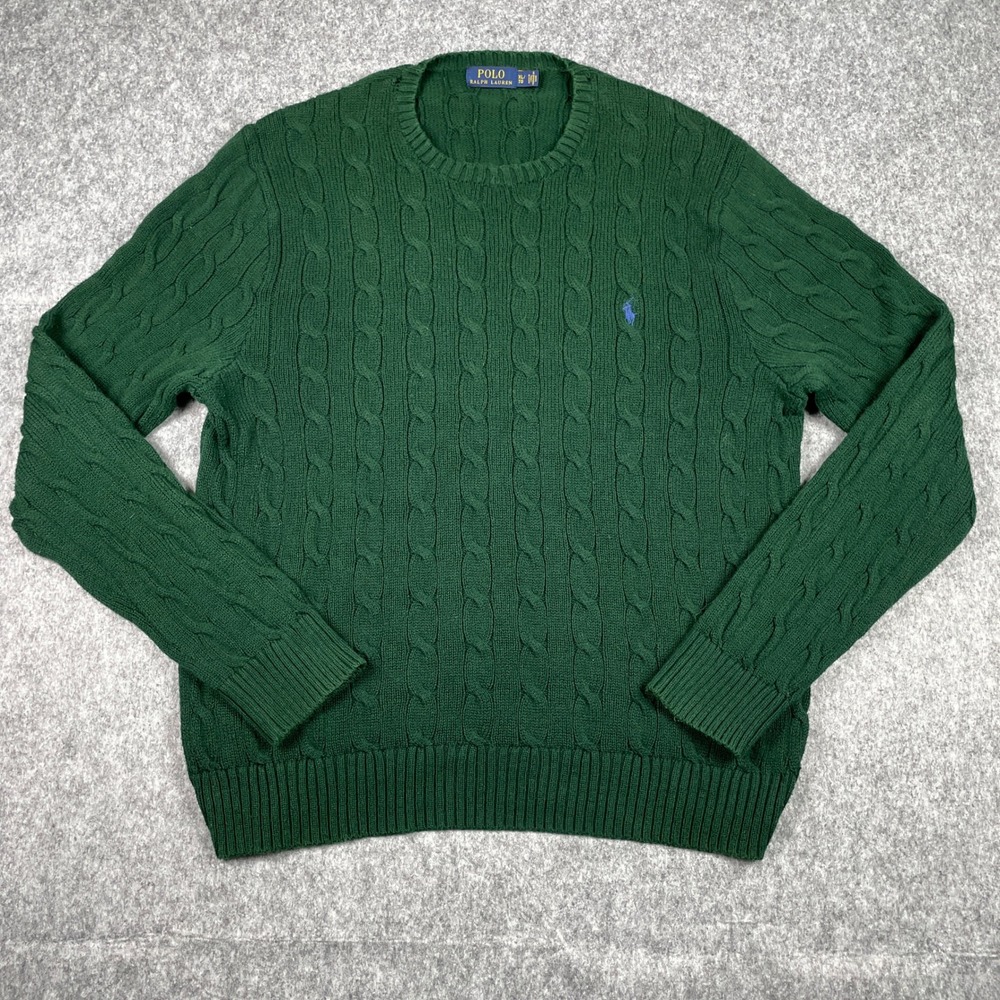 Polo Ralph Lauren Sweater Mens XL Green Cable Knit Braid Aran Fisherman Pullover